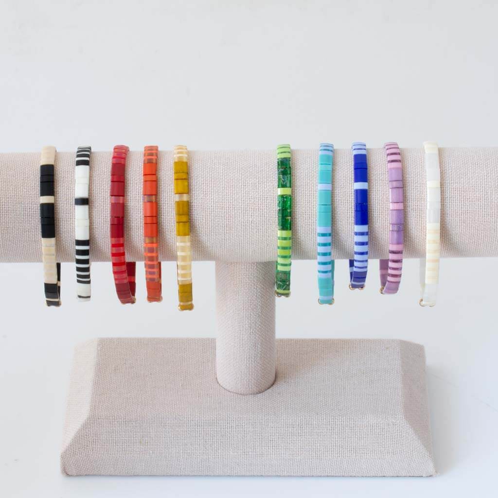 Colorful two mosaic bead bracelet featuring a modern patterned Miyuki design.