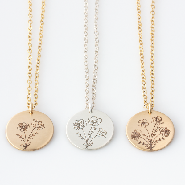 Birth Flower Bouquet Disc Necklace - LEILA